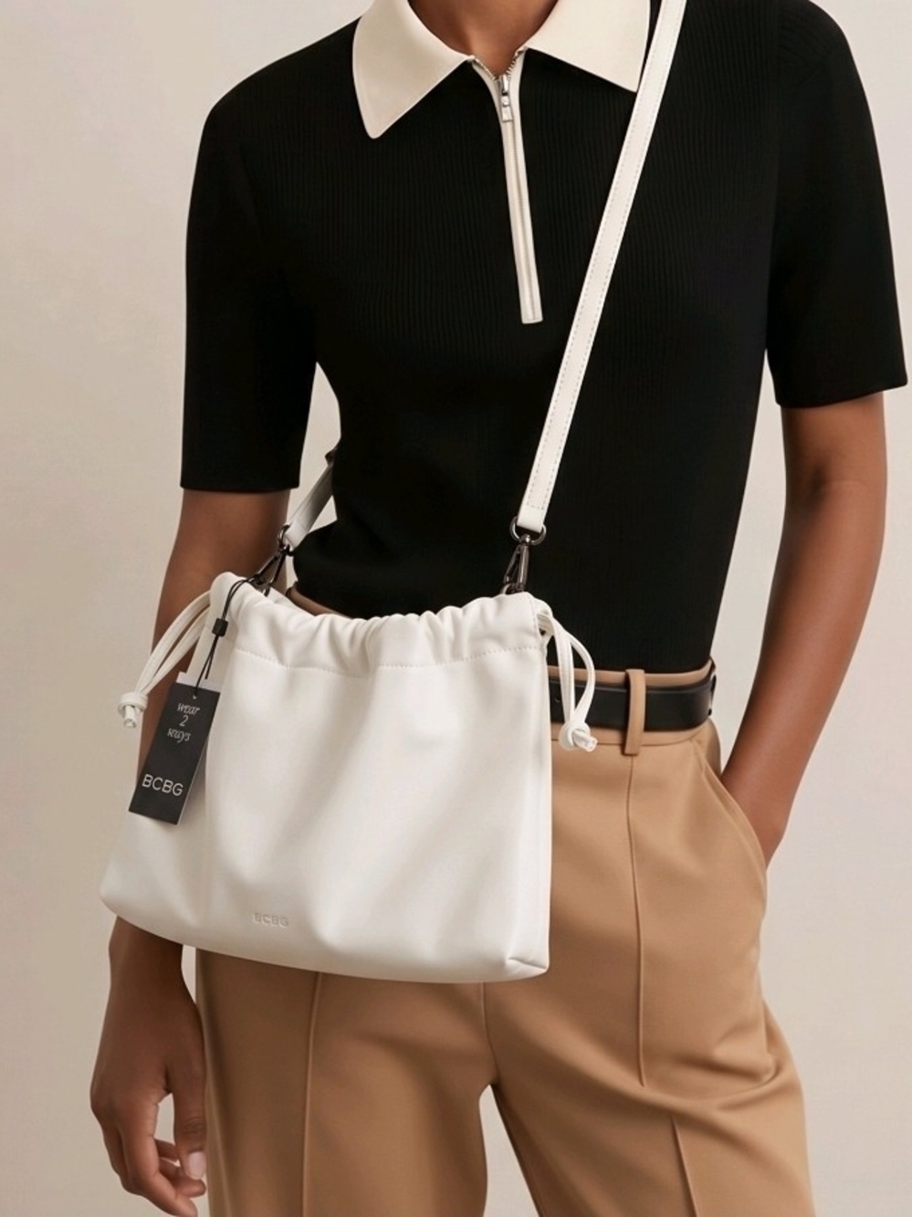 BCBG White Drawstring Shoulder Bag